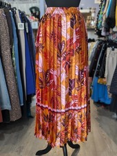Satin Leaf Print Pleated Maxi Skirt