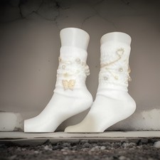 Women s White/Gold Butterfly Cable Knit Crew Socks Lightweight