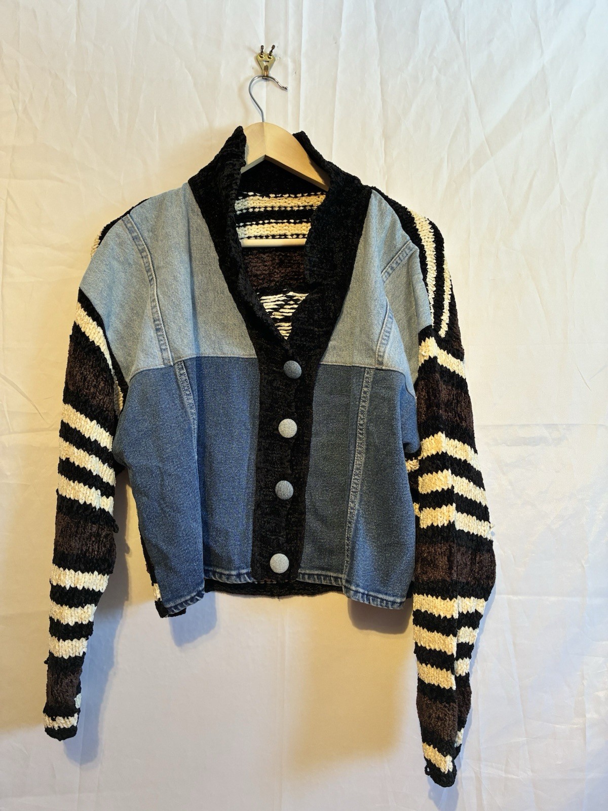 Denim Patchwork Knit Cardigan Jacket Cropped Butt… - image 1