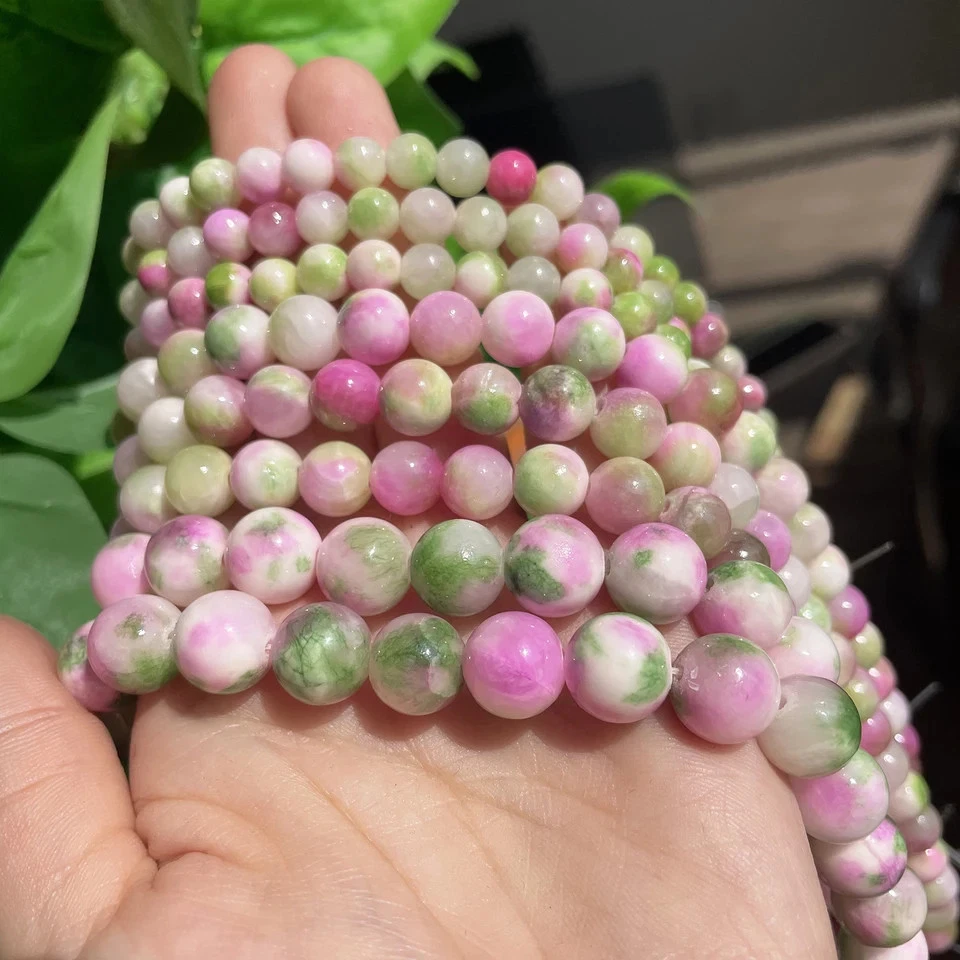 Cuentas de piedra de jade rosa verde blanco cuentas espaciadoras redondas hágalo usted mismo pulsera fabricación de joyas Foto 3 de 4