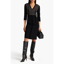 ETRO 40 US/4 Two-Tone Midi Dress Black Tweed-Paneled Wool Back Vent NWT $1970