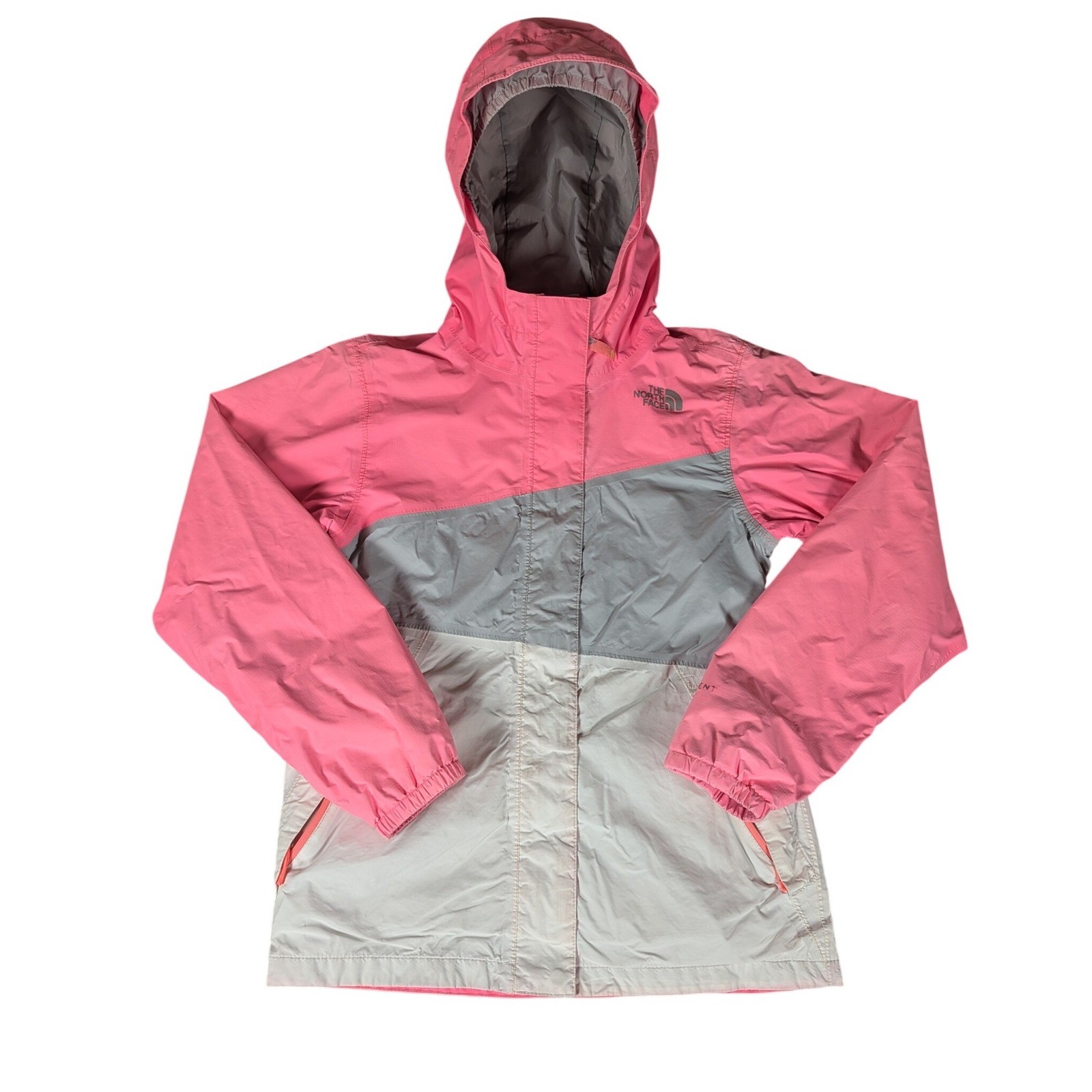 The North Face Kids Pink Gray Colorblock Hooded Rain Jacket Size 10 12