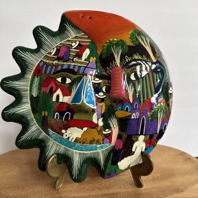 Mexico Hand Painted Terracotta Pottery Sun Moon Eclipse Wall Hanging Folk Art