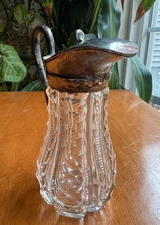 Old cut glass syrup pitcher;  5" ; Ornate Plated Top;  Slender; excellent (43)