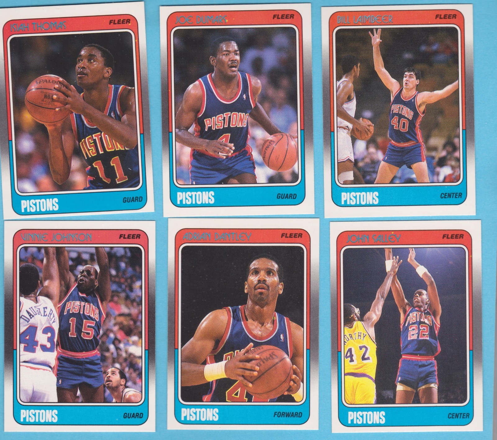 6 MINT 1988-89 Fleer DETROIT PISTONS #39/#40 DUMARS/#41/42 LAIMBEER/#44/45 ISIAH