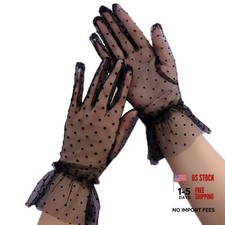 Women's Vintage Short Lace Gloves Tulle Mesh Semi Sheer Tea One Size Black