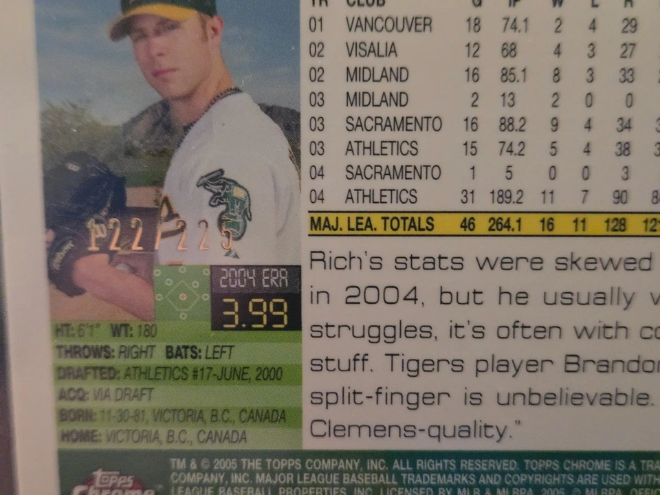 Topps 2005 cromo negro refractores #7 Rich Harden #D/225 atletismo Foto 3 de 3