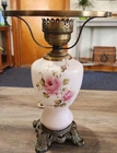 Vintage Hurricane Floral Milk Glass Lamp Beautiful Floral Design. 10x13
