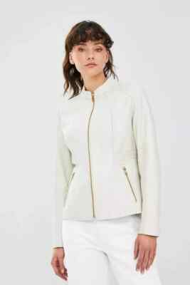 Lambskin Soft Genuine Women's Jacket White Leather Handmade Stylish Motorcycle