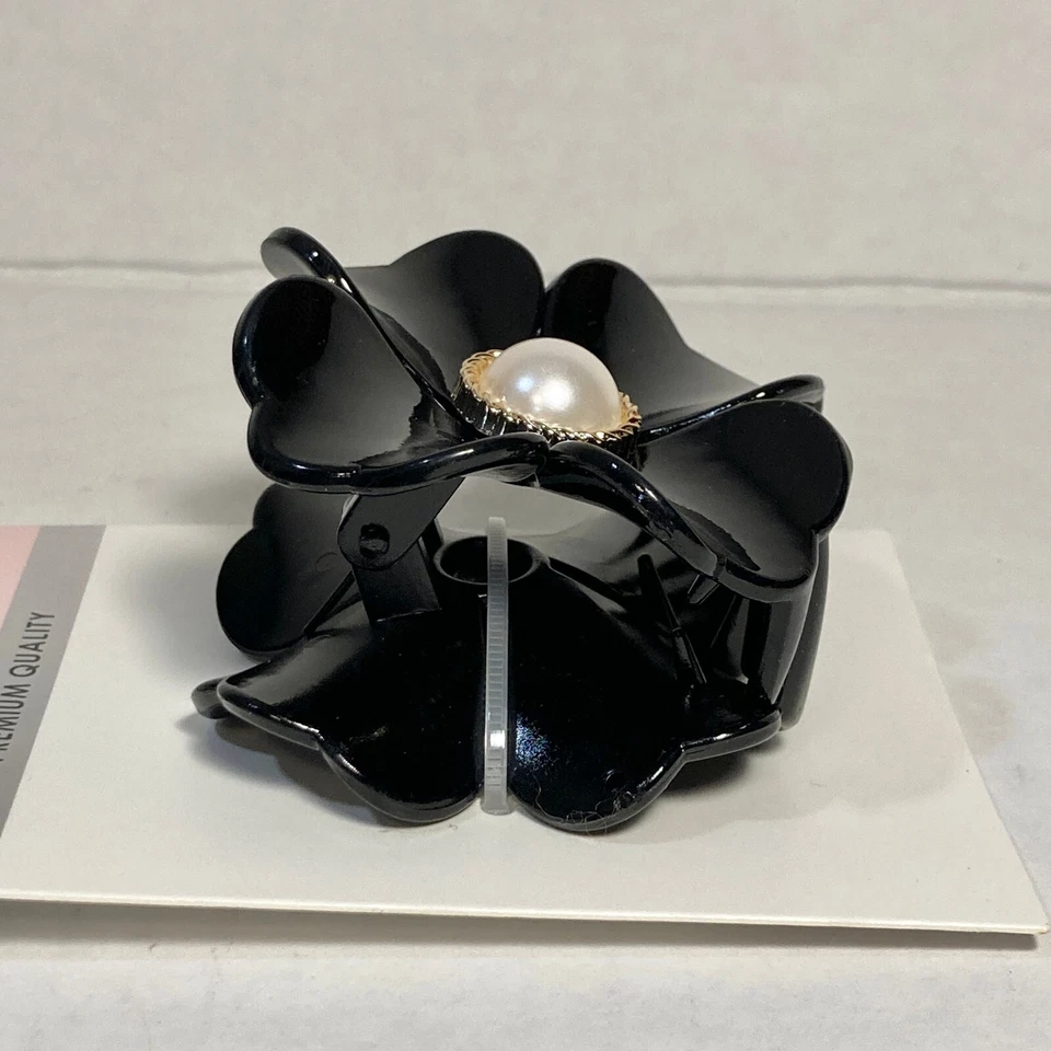 Pinza de pelo de flor acrílica negra perla sintética oro largo grueso Foto 4 de 4