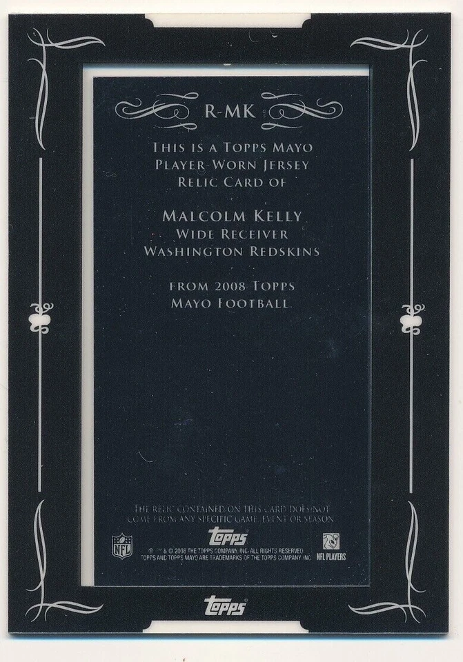 MALCOLM KELLY 2008 TOPPS MAYO RELIC GAME JERSEY WASHINGTON REDSKINS SP - Image 2 of 2