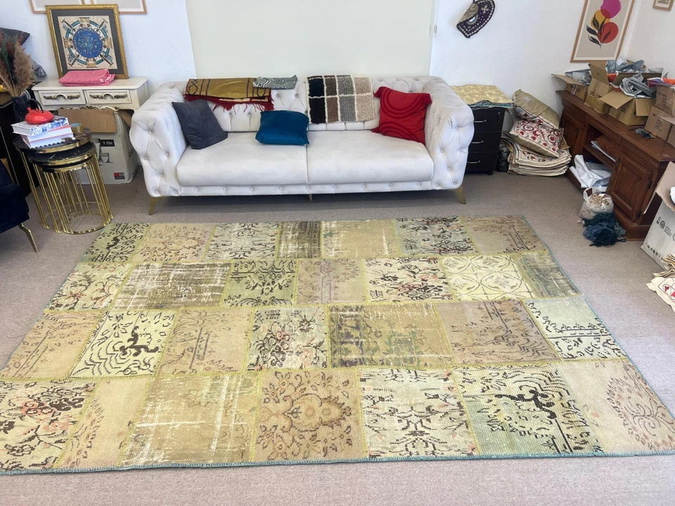 Contemporary Handmade Turkish Wool Patchwork Rug in Shades of Green - Image 3 of 4