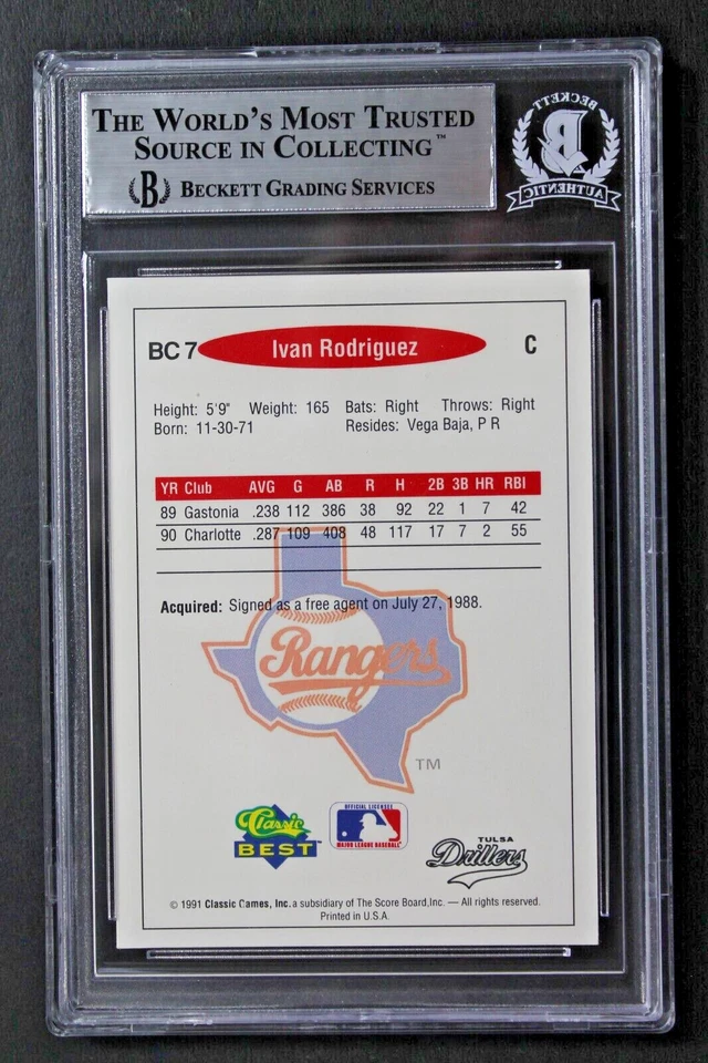 Ivan Pudge Rodriguez Rangers Signed 1991 Classic Best Gold ROOKIE Autograph BAS - Image 2 of 3