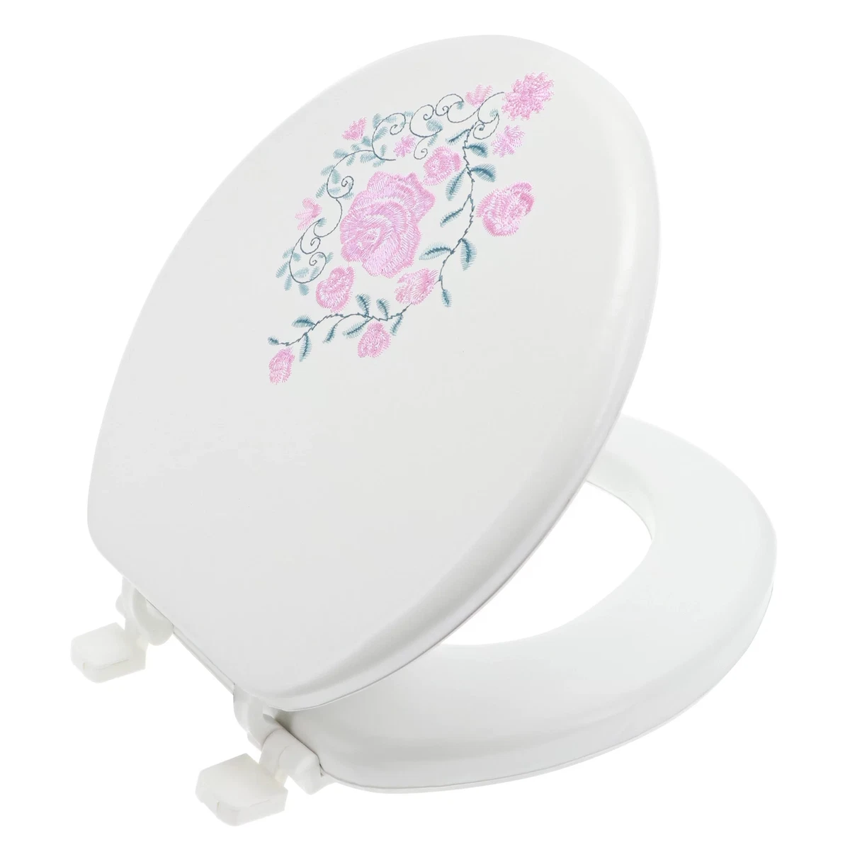 Embroidered Rose White Soft Padded Toilet Seat Round Cushioned Std Cover Comfort
