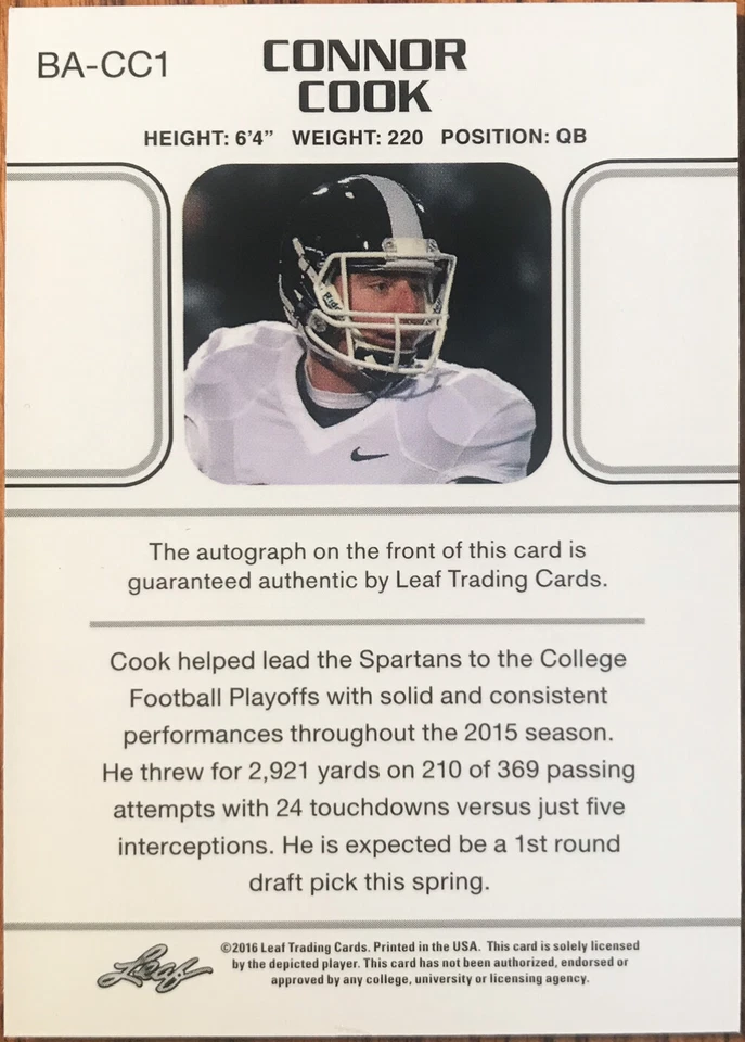 2016 Leaf Ultimate Draft Autograph ‘92 Rookie Autographs Gold Connor Cook #BACC1 - Image 2 of 3