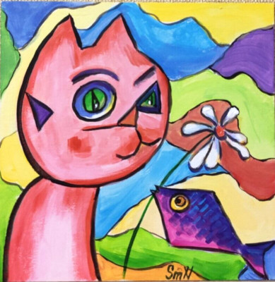 Original Acrylic Painting Pink Cat Fish Love Naive Art Contemporary Art OOAK