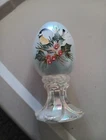 Fenton Art Glass Pedestal Egg Signed C. RIGGS Bird on Holly Berry 2003 Holiday