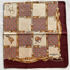 Vintage Handkerchief Brown Cotton Check  Equestrian Equipment Pattern Scarf 22"