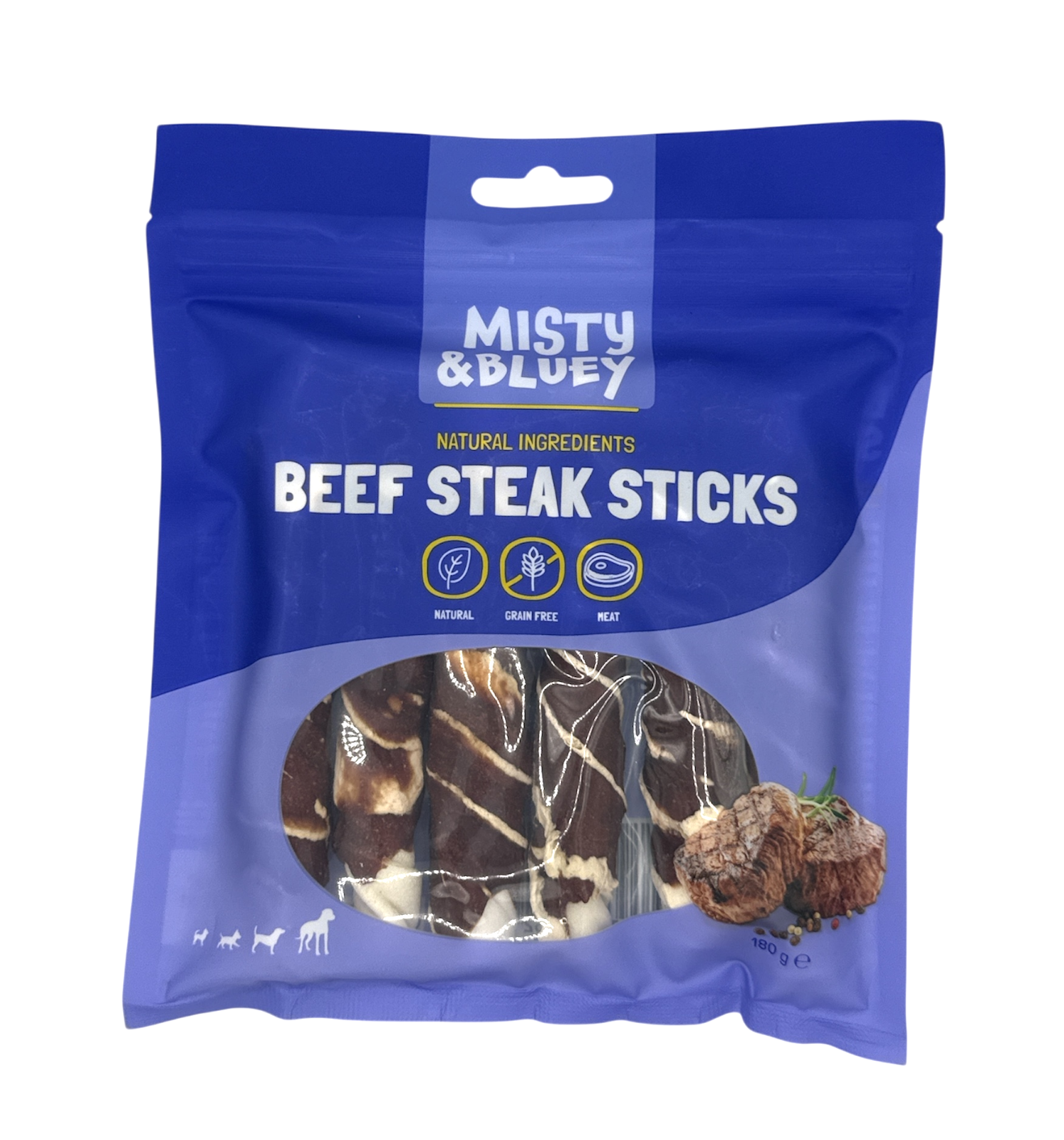 MISTY & BLUEY BEEF STEAK STICKS NATURAL MEAT DOG CHEW TREATS GRAIN FREE 180G