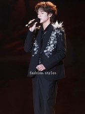 Black Suit Set Men Silver Sequin Rhinestone Perform Formal Party Coat Pants Suit