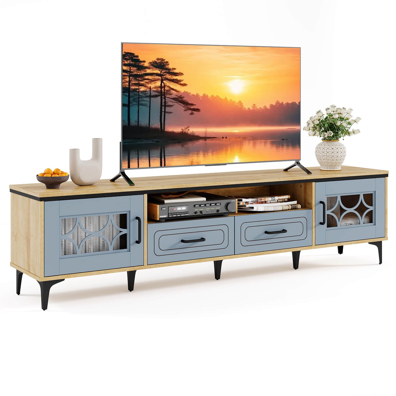 For Tvs Up To 80" With Open Compartment Side Cabinets & Draw