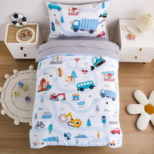 Toddler Bedding Set Soft Microfiber Cars Vehicle Theme 4 Piece Light Blue Girl
