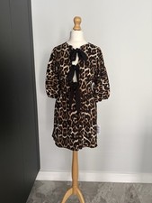 ASOS Design Leopard Print Bow Front Smock Mini Dress UK 12 Coquette Animal Print