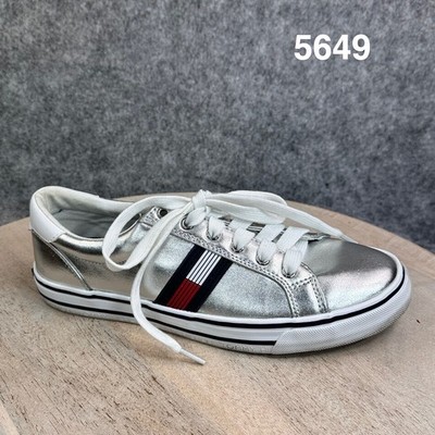 Tommy Hilfiger Womens Metallic Silver Low Top Flag Logo Sneakers Lace Up Shoes
