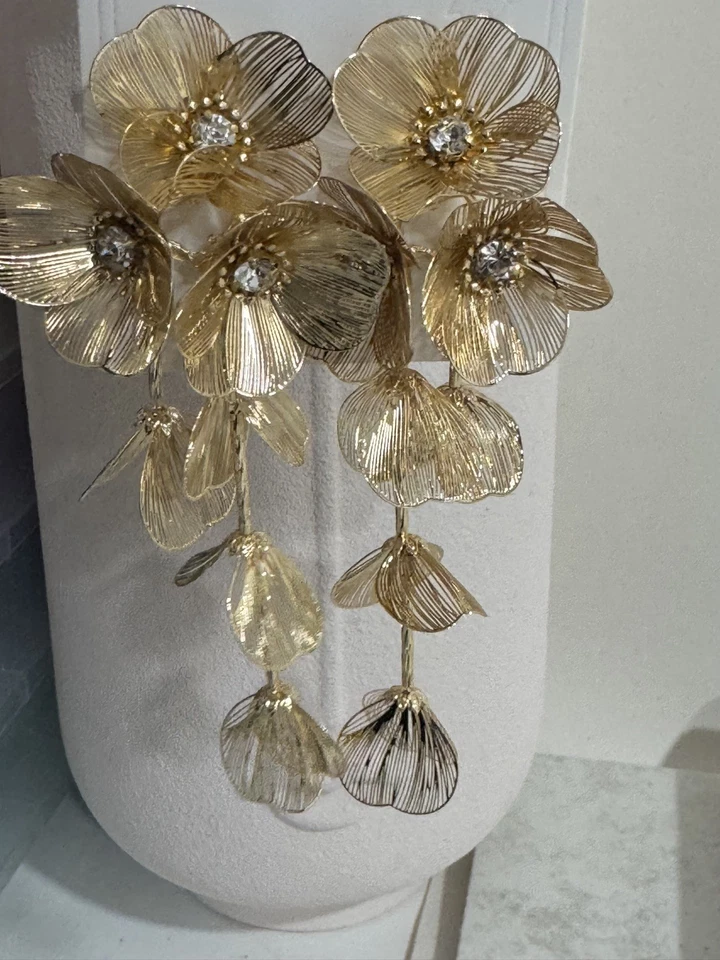 New Statment Gold Earrings Long Drop Dangle Chunky Floral Style Crystal Boho za - Image 2 of 4