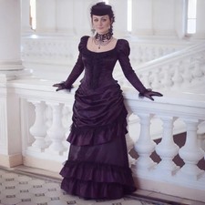 Purple Victorian Evening Dress Long Sleeve Satin Lace Ruffled Vintage Party Gown