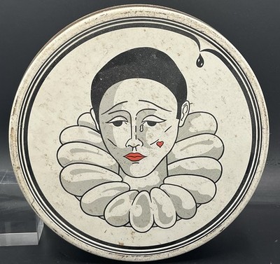 Antique Pierrot Decor Tin Box - Vintage Round Metal Box