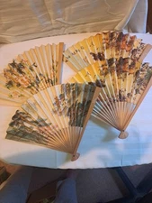 lot of 4 Paper Wood Folded Fan Oriental Art Handmade Village Scene