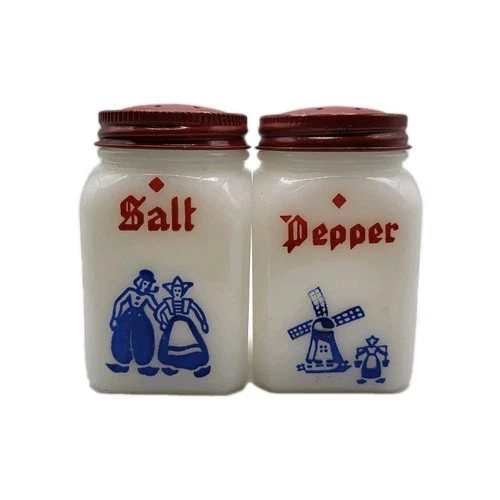 Salt And Pepper Shakers Vintage Hazel Atlas Milk Glass Dutch Theme USA With Lids