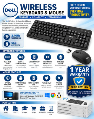 Dell Genuine Wireless Keyboard and Mouse Combo with 1 Year Warranty, with free R