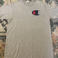 Men’s Champion C Logo T-Shirt Big C Embroidered Logo Large Grey Short Sleeve