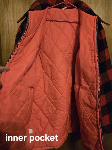 VTG Wool Buffalo Plaid Outdoor Hunting Coat w/Quilted Orange Lining, Preowned - Picture 3 of 9