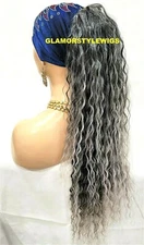 HUMAN HAIR BLEND PONYTAIL HAIR PIECE EXTENSION LONG WAVY LAYERED BLACK GRAY MIX