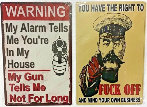 8x12 TIN SIGNS 2pc SET Funny Warning alarm gun rude sarcastic vintage wall door
