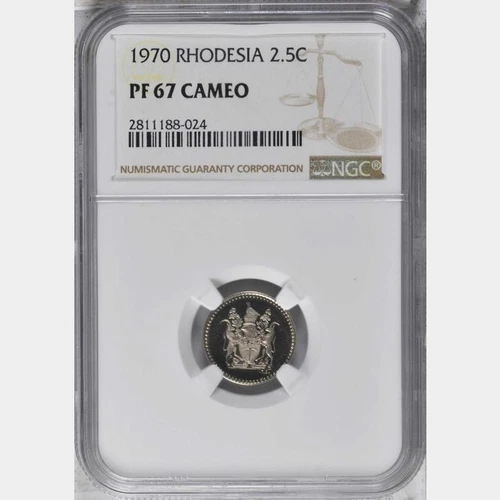 1970 Rhodesia 2 1/2 Cents, NGC Proof 67 Cameo, Superb, Zimbabwe, Southern
