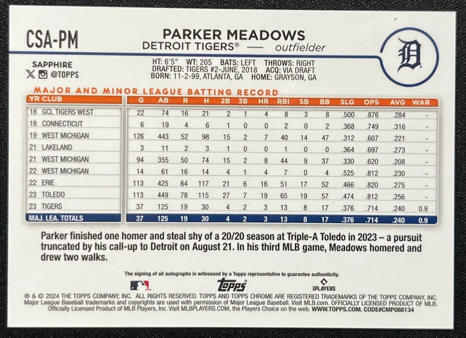 2024 Topps Chrome Sapphire Auto Parker Meadows #CSA-PM Green #20/99 - Image 2 of 2
