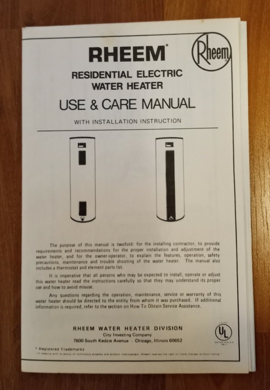 Rheem Electric Water Heater Use & Care Manual Installation Guide 