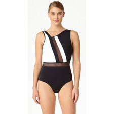 Anne Cole L22833 Black Hot Mesh Asymmetrical One-Piece Swimsuit Size 10
