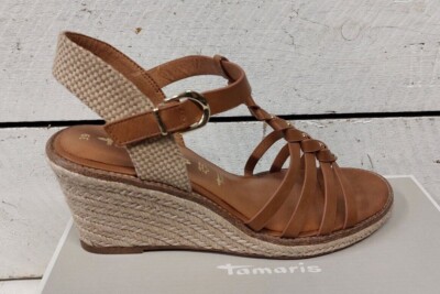 Ladies Tamaris M2804242 Cognac Leather Hook Loop Wedge Sandals