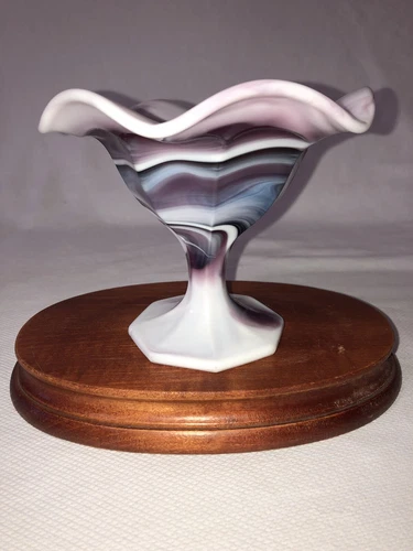 Vintage Antique  Agate Purple and White Oxblood Pedestal Candy Dish Bowl