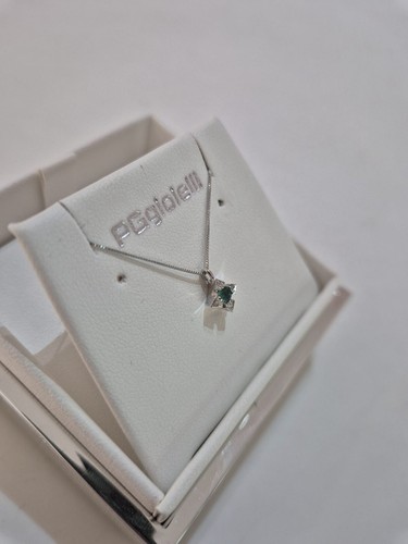 COLLANA SMERALDO Tondo E DIAMANTI In Oro Bianco 18 Karati 750% PG GIOIELLI - Foto 3 di 10