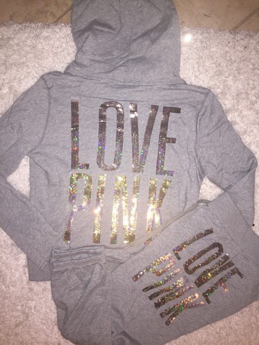 VICTORIA SECRET PINK SET S SWEAT SHIRT HOODIE & SWEAT PANTS GRAY BLING SEQUIN - Picture 4 of 5