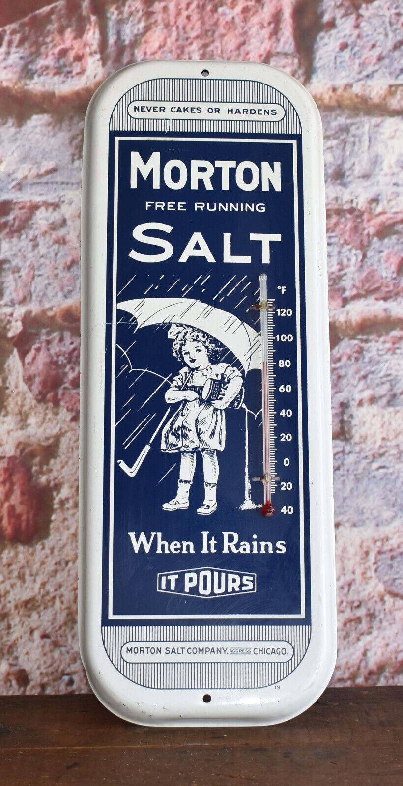 Morton Salt White & Blue Advertising thermometer Sign