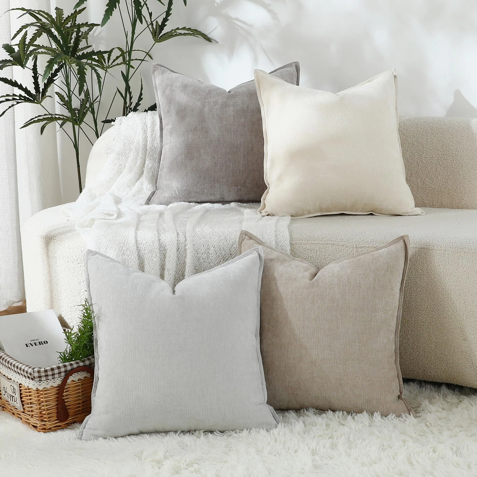 Neutral Decorative Throw Pillow Covers Set of 4 Accent Solid Soft Textured Ch...