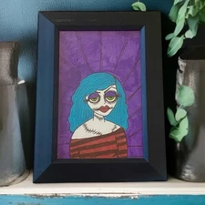 Original Painting Stitches Blue Hair Alt Girl Framed Gothic Halloween Ooak