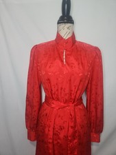 Vintage 70s Caron Red Mandarin Collar Print Dress. Button Closure. Satin. Belt.